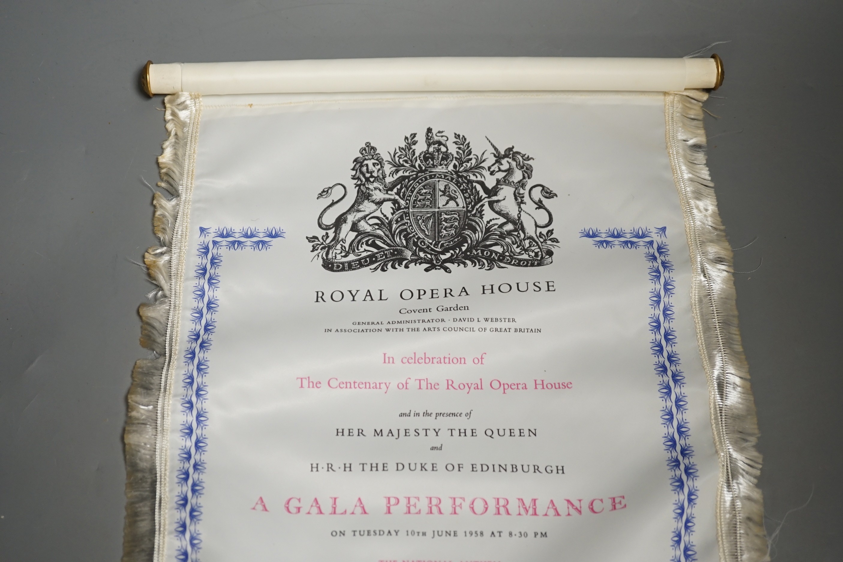 A silk programme for the Royal Opera House Gala performance in the presence of HM The Queen and HRH The Duke of Edinburgh, 10th June 1958 and with original cylinder case